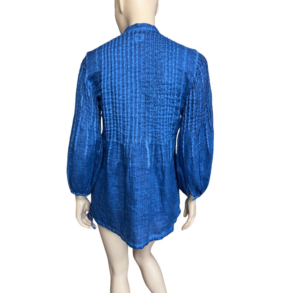 120% Lino Blue Conscious Split-Neck Linen Blouse Rhinestone Embellishment Sz M - Picture 7 of 12